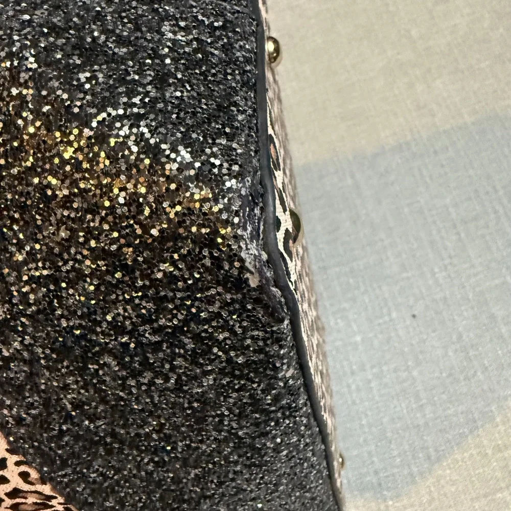 Kate Spade Leopard Print Tote Bag Glitter Bottom Black Tan Animal Print Large - Picture 5 of 9